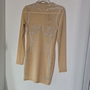 Fashion Nova Tan Rhinestone Long Sleeve Dress
